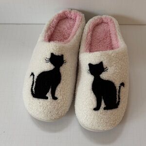Avon Cat Slippers Cream Sherpa Pink faux Fur inside Slip on Open Back